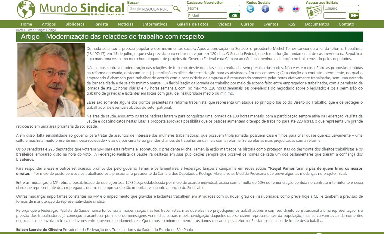 Agosto/2017 - Mundo Sindical - Artigo Reforma trabalhista
